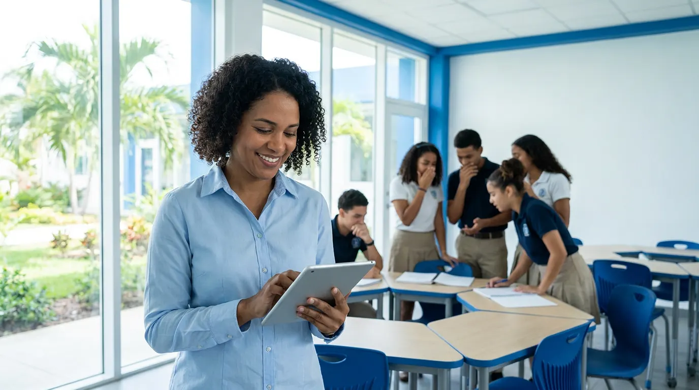 Docente dominicana revisando el progreso de sus estudiantes en una tableta dentro de un aula luminosa
